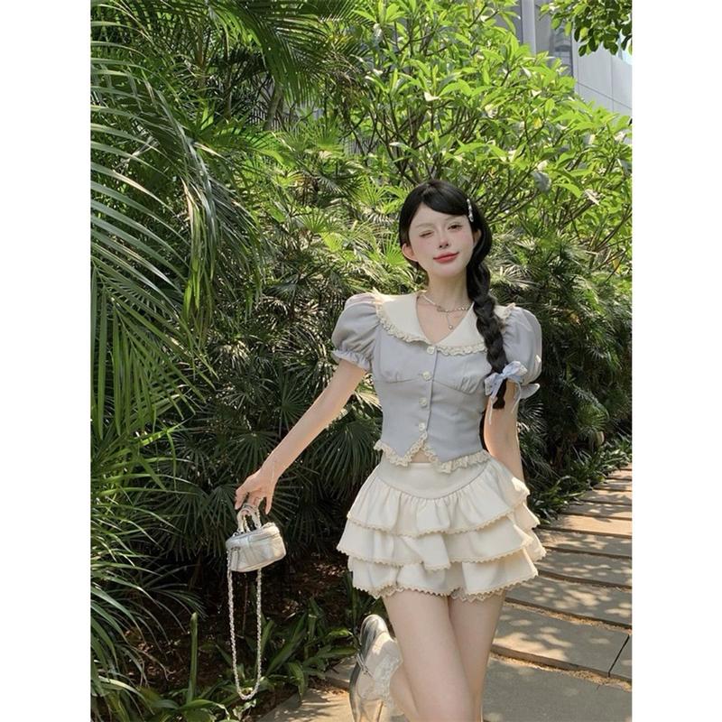 Set áo tiểu thư tay phồng cổ seᵰ mix chân váy xếp tầng Set đồ nữ dễ thương ulzzang đi dự tiệc đi chơi đi học