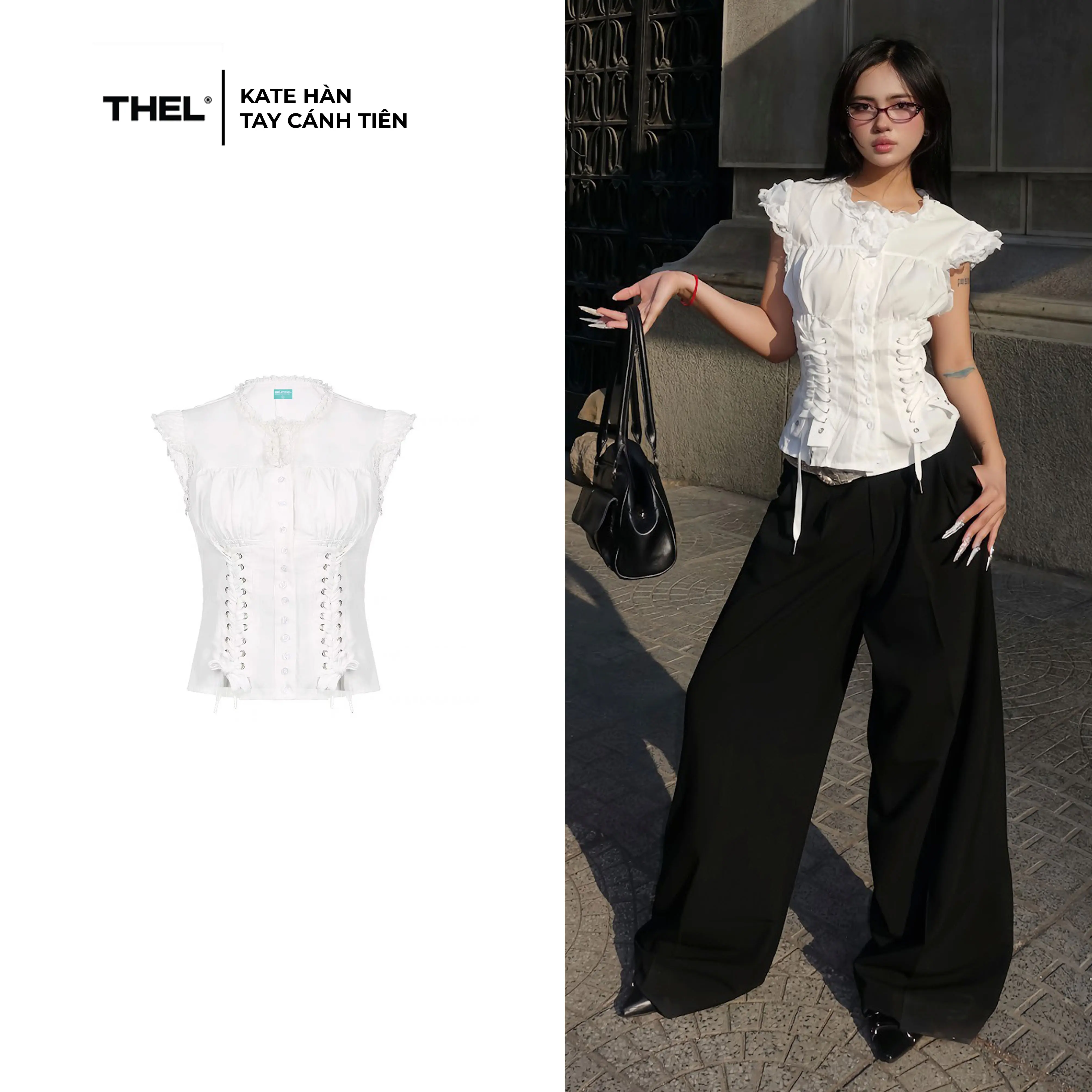 Áo sơ mi nữ, thiết kế phối ren, phong cách y2k