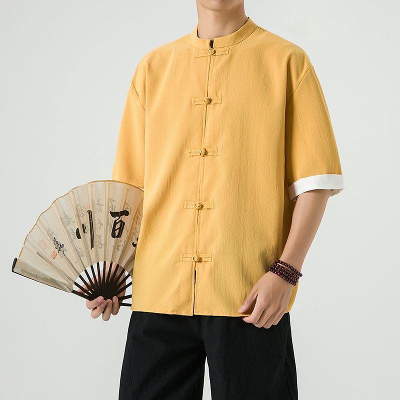 Product Introduction of Men's Shirt, Tang Suit Shirt, Chinese Style, Tai Chi Clothing, Kung Fu Clothing, Linen Thin Stand Collar Buttoned Zhongshan Suit Menswear Top chinese man red shirt chinese fashion outfit Lingerie Beige 23
