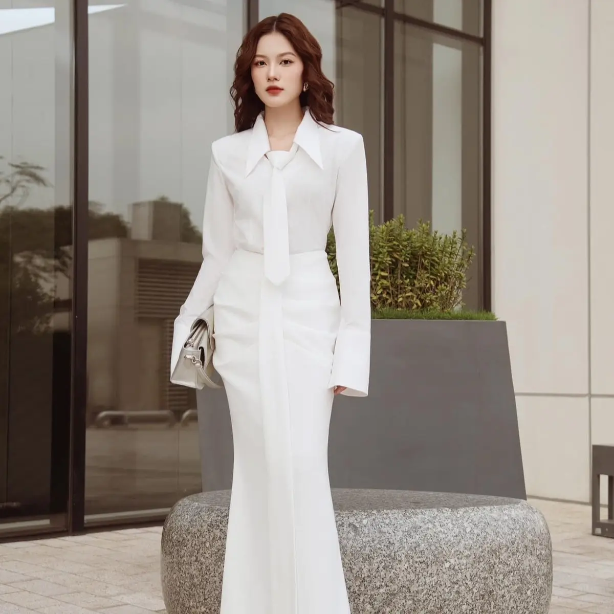 Set 2 chi tiết thiết kế áo sơ mi kèm chân váy cao cấp Nữ