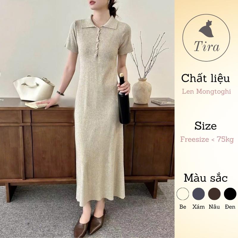   Tira Mama Design M242 Váy len bầu dáng xòe Váy bầu dáng dài chất len thỏ mềm cộc tay cổ Polo phối khuy lệch 