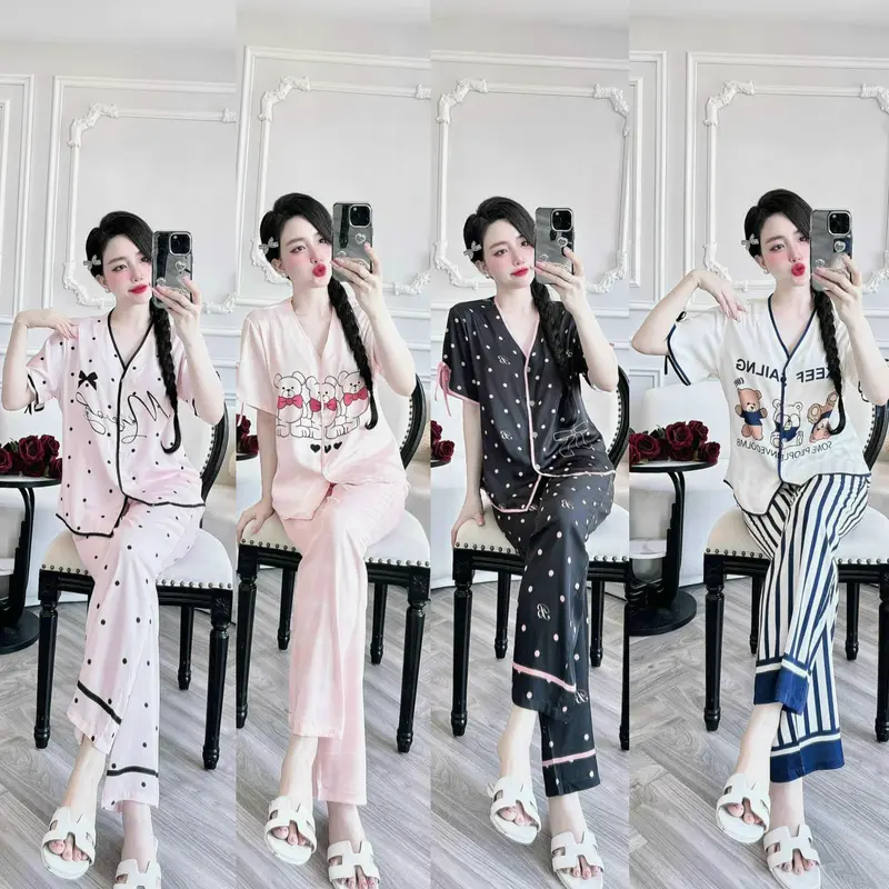 (40-76kg) Pijama Đồ bộ ngủ dành cho nữ cổ tròn tay ngắn quần cộc lụa xước ánh kim 40-76kg 4