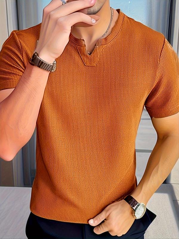 Men's Regular Fit Plain Notched Neck Waffle Knit Tee, Casual Short Sleeve T-shirt for Summer, Clothing, Men's Top for Daily Wear 2