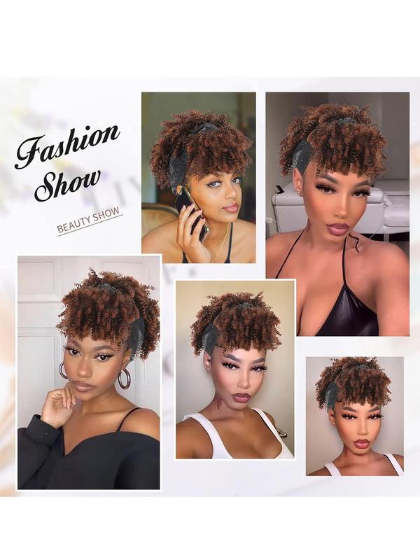 8 Inch Afro Brown Short Curly Wigs with Headband for Women, Gorgeous Fluffy Wigs with Bangs, Synthetic Full Machine Wigs for Party, Daily Use 4