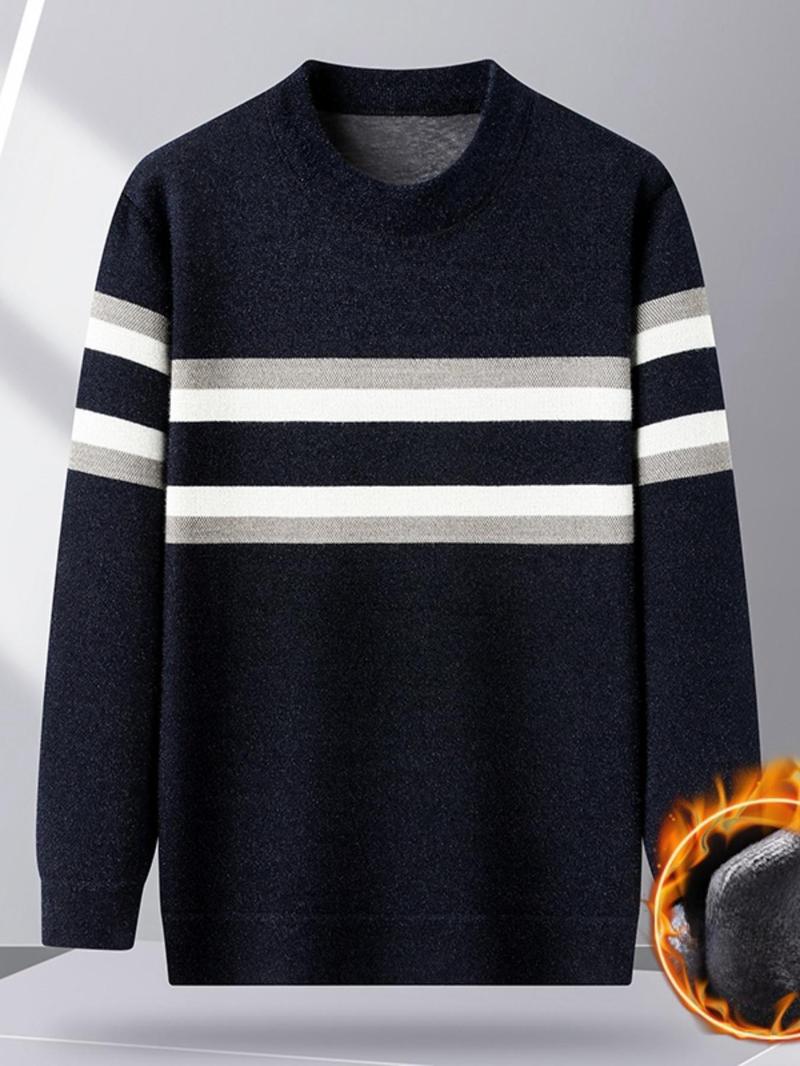 Product Introduction of Men's Thermal Lined Regular Fit Striped Print Round Neck Knitted Sweater, Thick Warm Casual Long Sleeve Crew Neck Jumper for Fall & Winter, Fashion Men's Knitwear for Daily Wear 1
