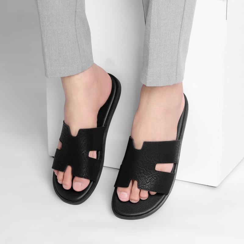 Dép Nam Chữ H Big Size GENKI Quai Da Cao Cấp Màu Full Đen Nam Đế Bằng Cao Su Chống Trơn Trượt DéP dep  big