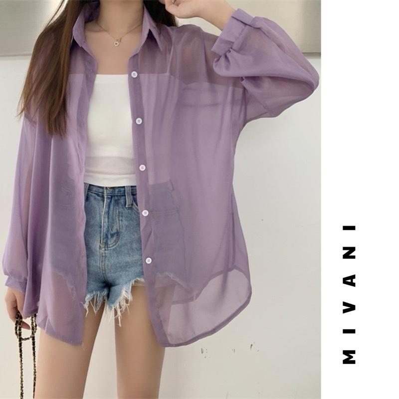 Áo Sơ Mi Nữ Dài Tay Voan Mỏng Khoác Ngoài Đi Biển Oversize Nhiều Màu, Áo Khoác Đi Biển Voan Tơ Giấy Trong Suốt 7