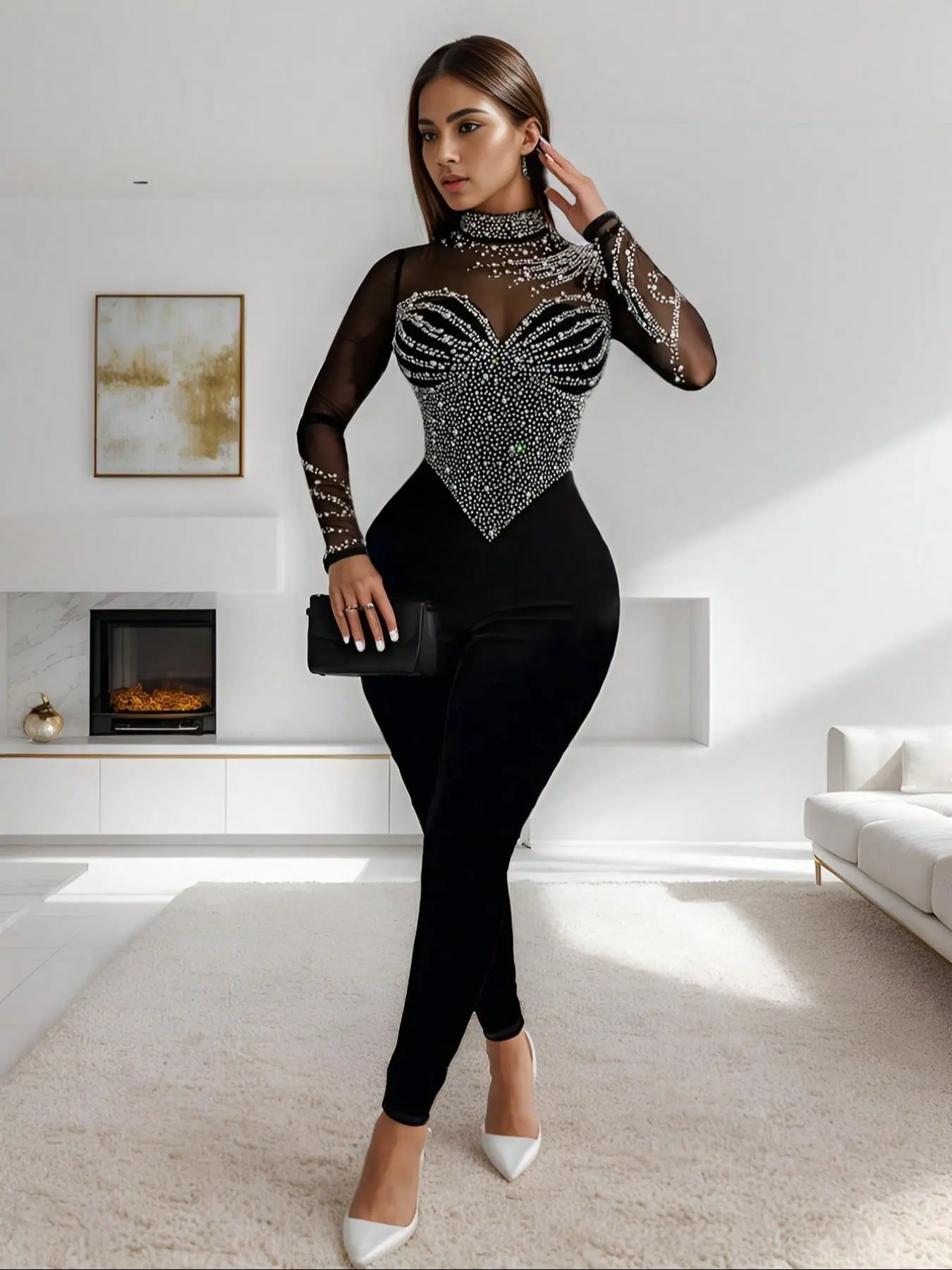 Women's Plain Rhinestone Decor Mock Neck Mesh Skinny Jumpsuit, Elegant Fashion Long Sleeve Zipper Sparkle Jumpsuit for Party Club Dating, Valentine's Day Gift for Girl, Ladies Spring & Fall Clothes