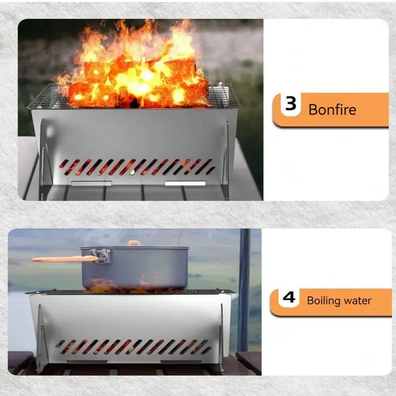 #KUP 1pc Portable Stainless Steel Camp Stove With Removable Grill Mesh - Perfect For Outdoor Camping And Picnics 5