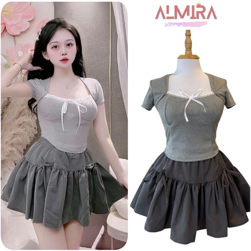 Sét Váy Gồm Áo Cổ Vuông Phối Ren + Chân Váy Phồng Phồng Có Nơ