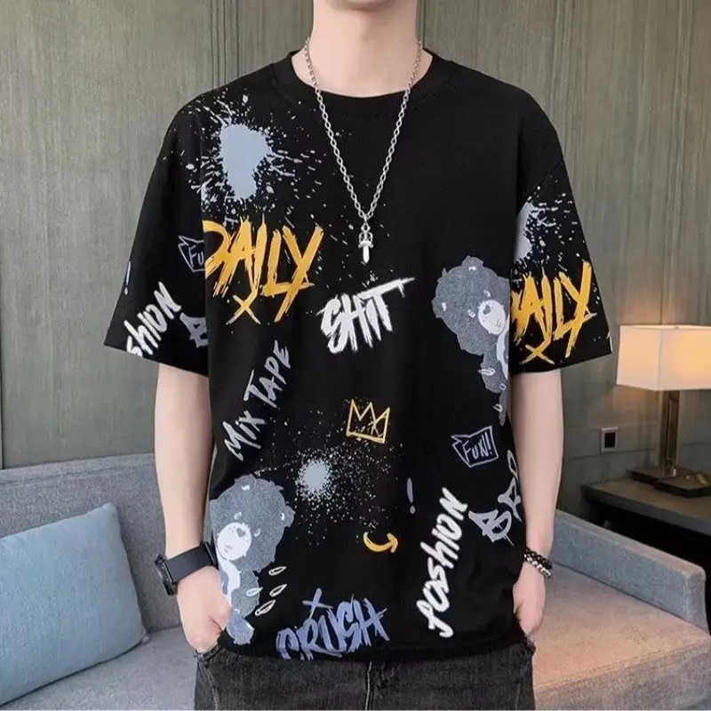 M-5XL Men's Short Sleeve T-Shirt Summer Crew Neck Half Sleeve T-Shirt Trendy Loose Fit Youth Versatile New Printed Top[029]