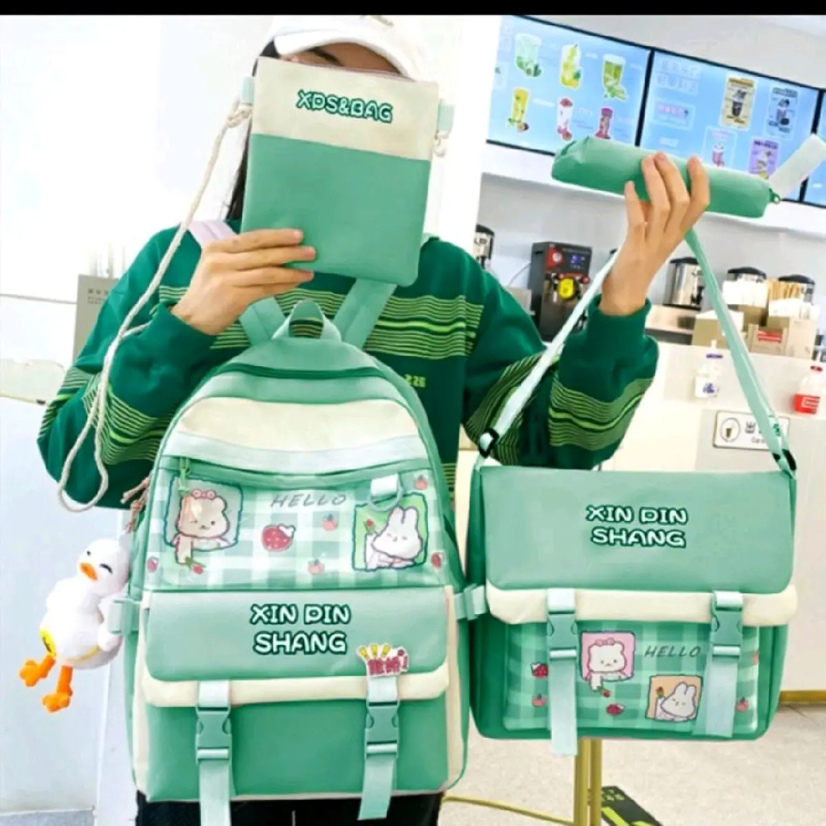 set 4 balo túi học sinh đi học vải bố chống nước: KITTY