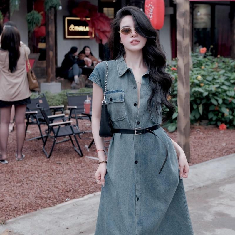 VÁY BÒ 2 TÚI CÀI NÚT FOM DÀI TAY CỘC KÈM ĐAI V06 5