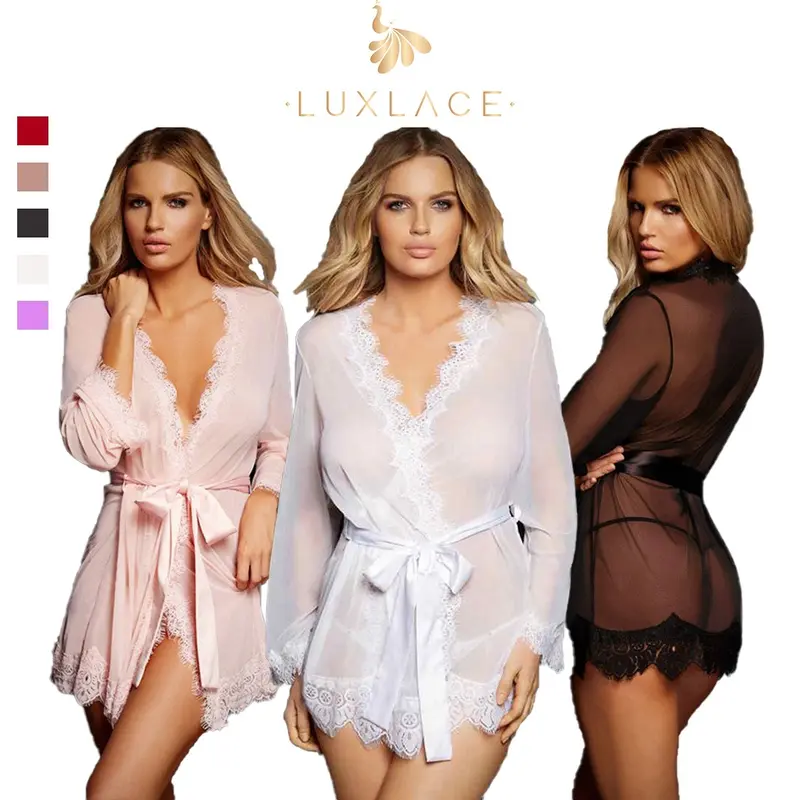 LUXLACE WEAR ALETHA Kimono Sexy Bahan Sifon Lingerie Jumbo Transparant Baju Tidur Wanita Dewasa Renda Piyama Set 100% PRIVASI TERJAGA 0