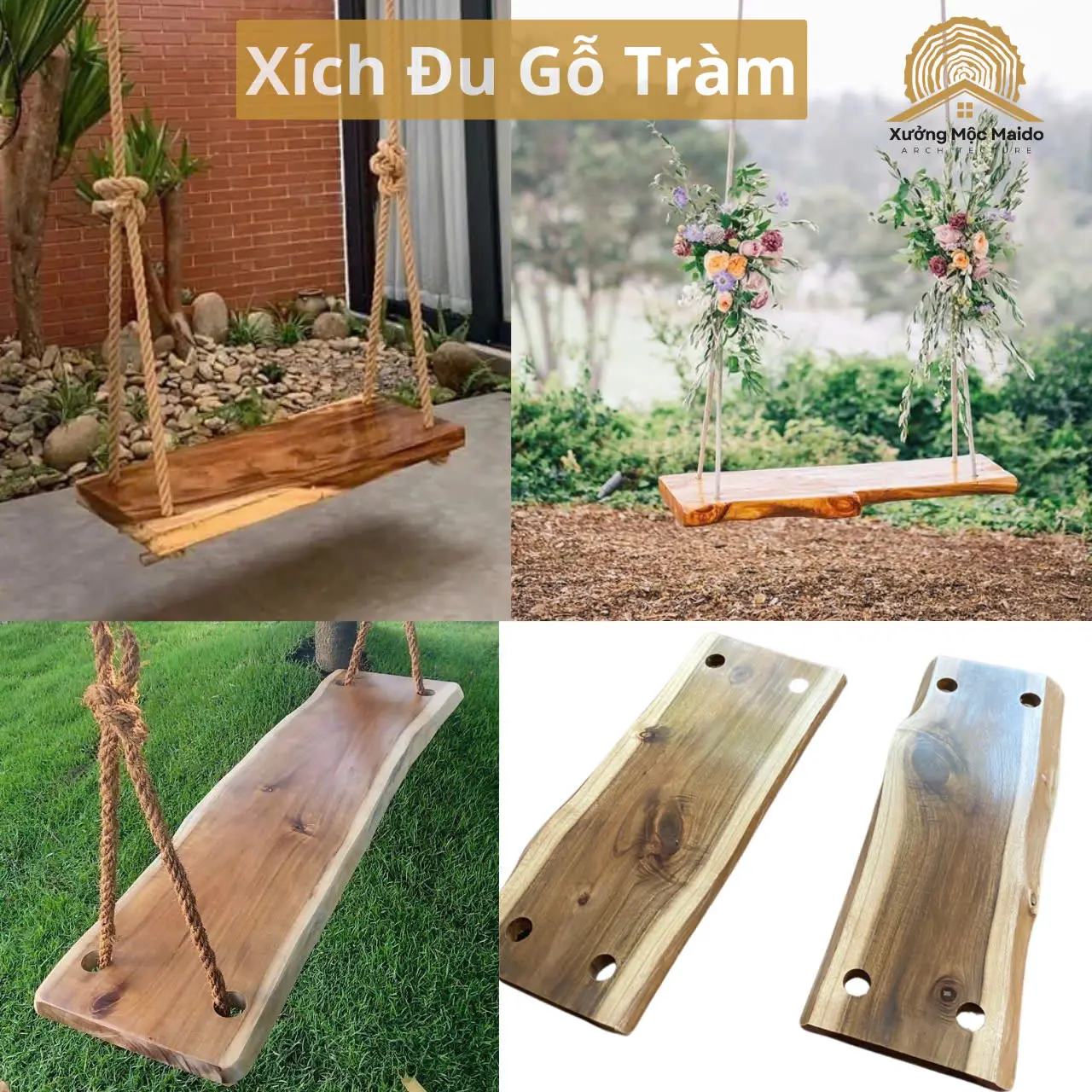 Xích Đu Gỗ Tự Nhiên Nguyên Tấm Treo Dây Thừng Dành Cho Người Lớn Và Trẻ Em