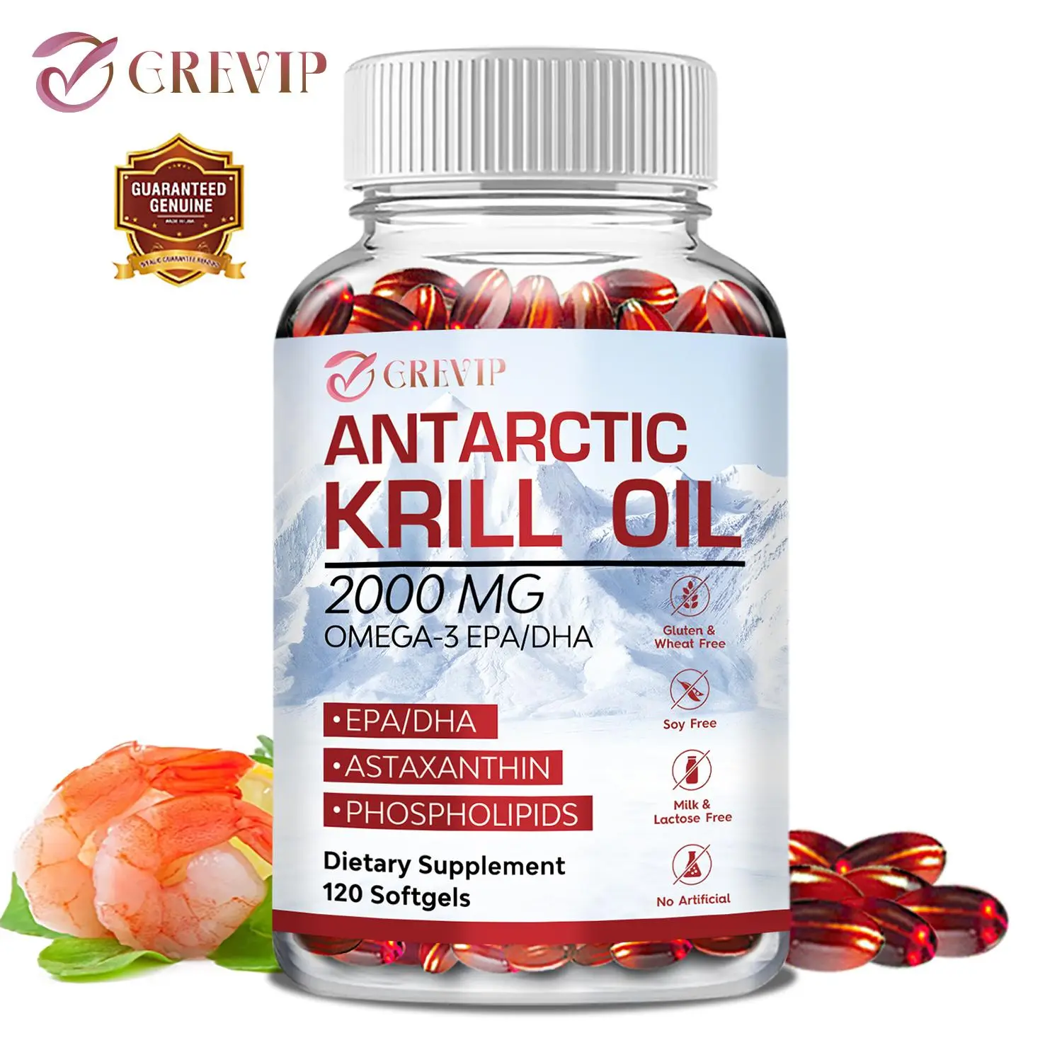 Grevip - Minyak Krill Antartika 2000 mg dengan Omega-3, Astaxanthin & Fosfolipid - Jantung, Otak, Sendi, Kulit & Kekebalan Tubuh - 30/60/120 Softgels
