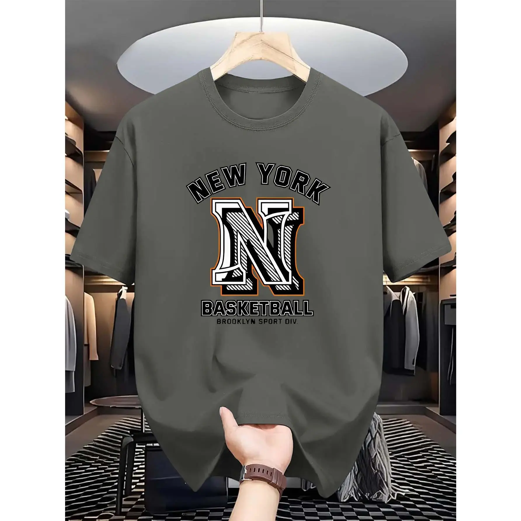 Men's Casual Crew Neck T-Shirt, New York Basketball Print, Polyester, Slight Stretch, Summer Athleisure Style, Stylish Crew Neck Top, Suitable for Everyday Men's Tops