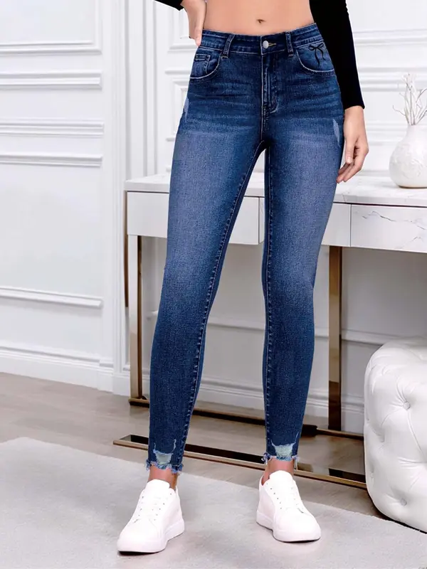 Women's Plain Raw Hem Skinny Jeans, Casual Comfy Denim Jeans for Daily Wear, Ladies Bottoms for All Seasons 4