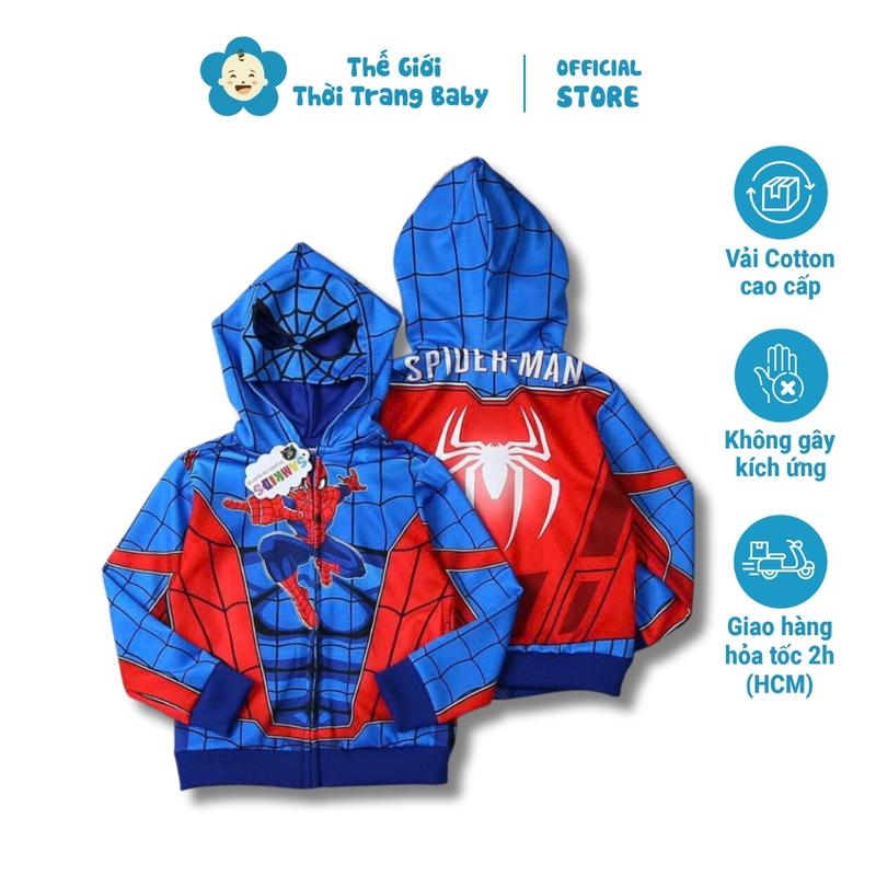 Áo khoác cho bé trai người nhện spiderman từ 2 tuổi đến 5 tuổi 1 lớp vải thun dày dặn có mũ 2 lớp và khóa kéo AK47 Cotton Áo Thun Vải Cotton