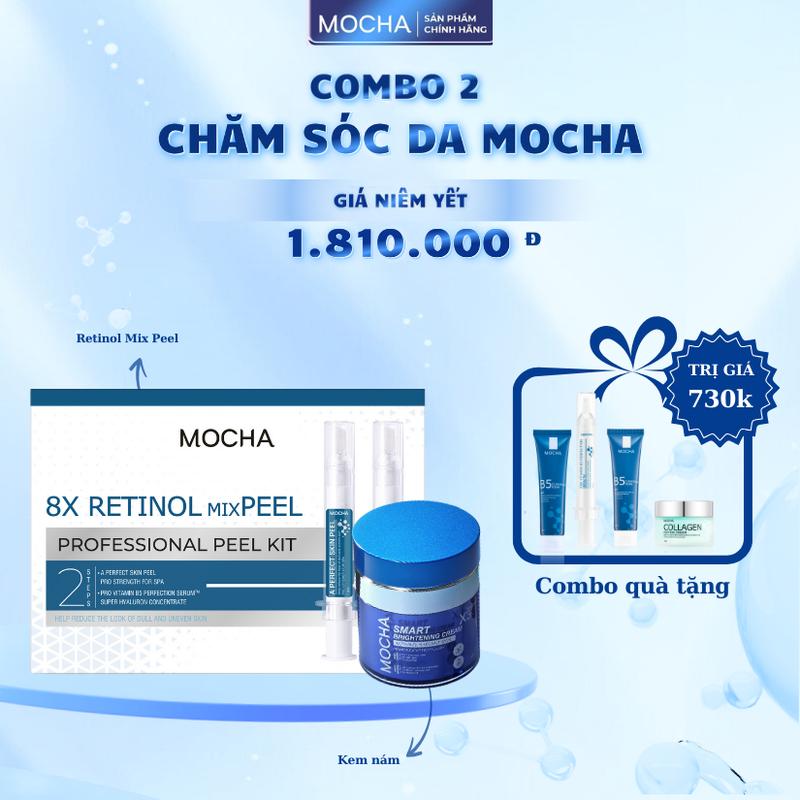 Combo 2 Sản Phẩm Chăm Sóc Da Mocha Gồm Retinol Mix Peel + Kem Dưỡng Nám + Tặng 2 sữa rửa mặt b5 25ml, 1 kem dưỡng clg, 1 tinh chất b5 phục hồi