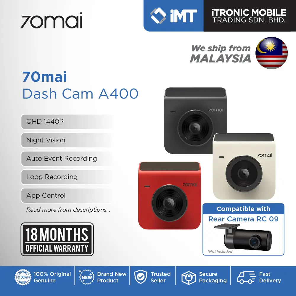 70mai A400 Dash Cam with RC09 Rear Camera | 3.6MP Camera | 145° Wide-Angle | 500 mAh Battery
