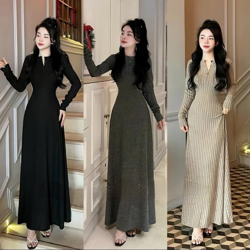 Đầm dài có khuy cổ trụ, dáng xoè nhẹ nhàng cho nữ, Chất Tăm đũa Dress