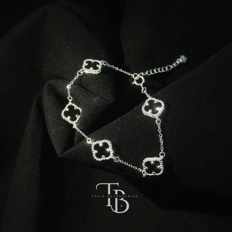 Lắc tay cỏ bốn lá Đá đen S925 - UNISEX cỏ 4 lá vòng tay nữ