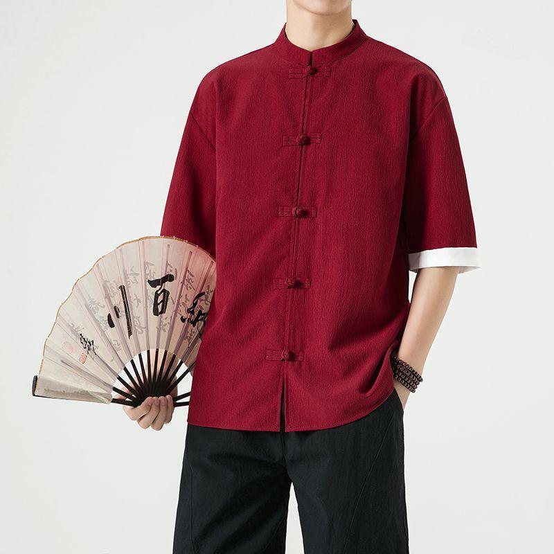 Product Introduction of Men's Shirt, Tang Suit Shirt, Chinese Style, Tai Chi Clothing, Kung Fu Clothing, Linen Thin Stand Collar Buttoned Zhongshan Suit Menswear Top chinese man red shirt chinese fashion outfit Lingerie Beige 27