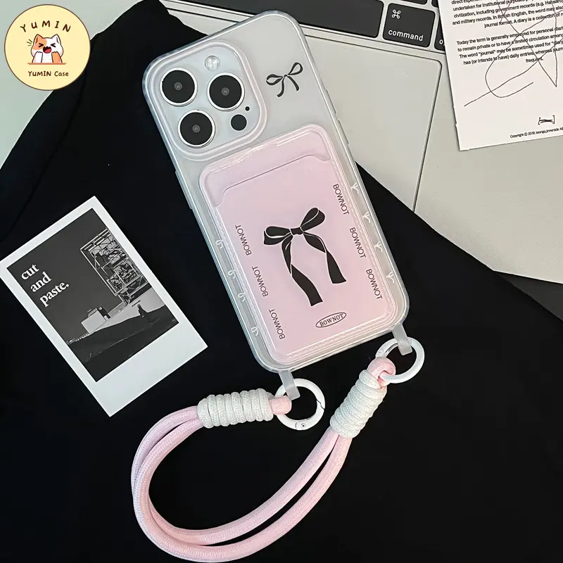 Casing Tempat Kartu Dompet Simpul Pita Hitam Lucu Kompatibel Untuk IPhone 11 13 15 12 14 Pro Max XR X XS Max 7 8 15 Plus 7Plus SE 2022 Fashion Kreatif Mewah Penutup Lembut 3