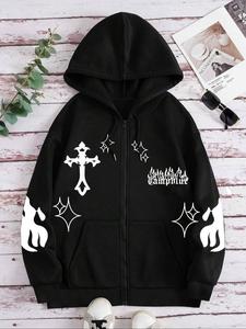 Women's Cross Print Drawstring Pocket Zip Up Hoodie, Casual Drop Shoulder Long Sleeve Hooded Outerwear, Ladies Fall & Winter Clothes for Daily Wear