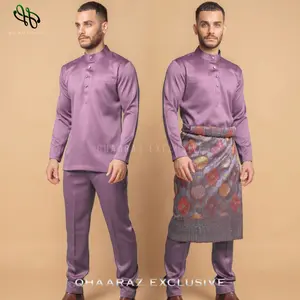 Zaffen Baju Melayu Pria Setelan Koko Muslim Modern Bahan Satin Velvet Satu Set Pakaian Kurta Cekak Musang Teluk Belanga Kurung Malaysia Riau Premium Lavender