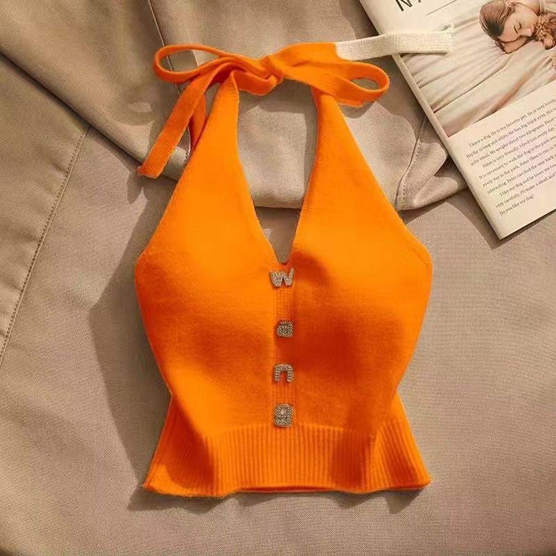 Áo Hai Dây Cổ Yếm Phong Cách Sexy, Dành Cho Nữ, Mặc Ngoài Trời, Lưng Đẹp, Trang Trí Kim Cương Giả, Cỡ Lớn, Áo Vest Dệt Kim Ngắn 5