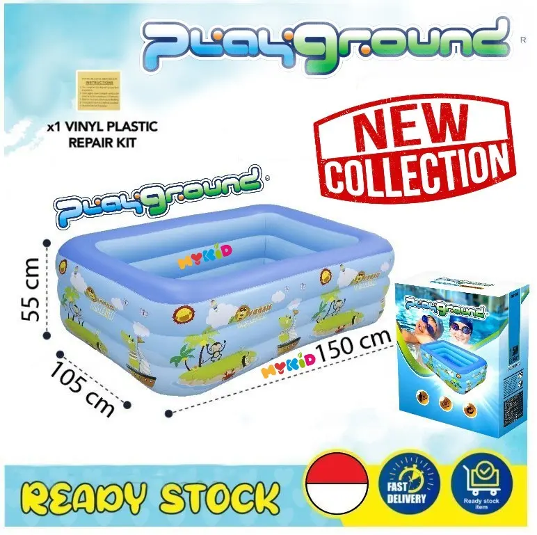 (COD) Playground 150 cm kolam renang anak kolam renang karet water spray pads bentuk bulat atau persegi Swimmming Pool New KERANJANG KUNING Kotak