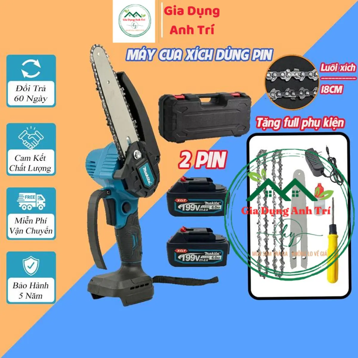 Máy Cưa Xích Dùng Pin MAKITA 199V, 2 Pin 5cell Siêu Khỏe Cưa Các Loại Gỗ, Siêu Nhanh, VƯỢNG PHÁT GROUP , máy cưa xích pin makita giá cực rẻ cắt cây tỉa cành tiện lợi 199v. Khỏe Cưa Các Loại Gỗ Cành, Bảo Hành 12 Tháng