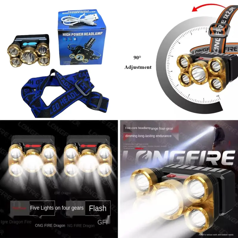 Senter Kepala 5 mata Headlamp High Power 3 XPE 38000W Waterproof khusus berburu malam mounting & obor lampu buat mati lampu tahan 24 jam untuk  mancing tahan lama head lamp lampu  gunung mini  lamp light bags senter  kepala Senter Kepala Led 3