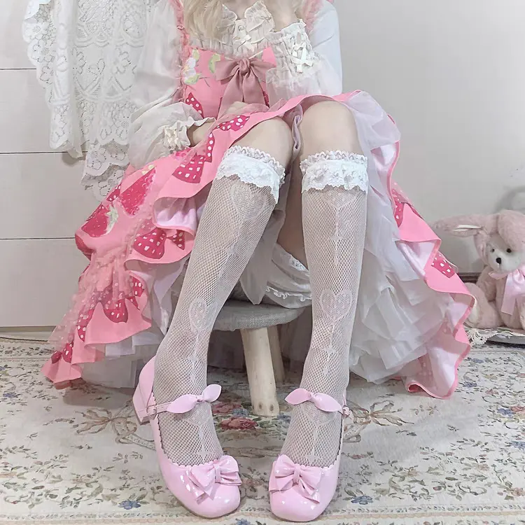 Vớ Bắp Chân, Phong Cách Nhật Bản, Trang Trí Ren, Vớ Lolita, Dành Cho Nữ, Giữa Bắp Chân, Thiết Kế Nơ Can Đeo Kẹo JK, Vớ Lưới Women Trắng 0