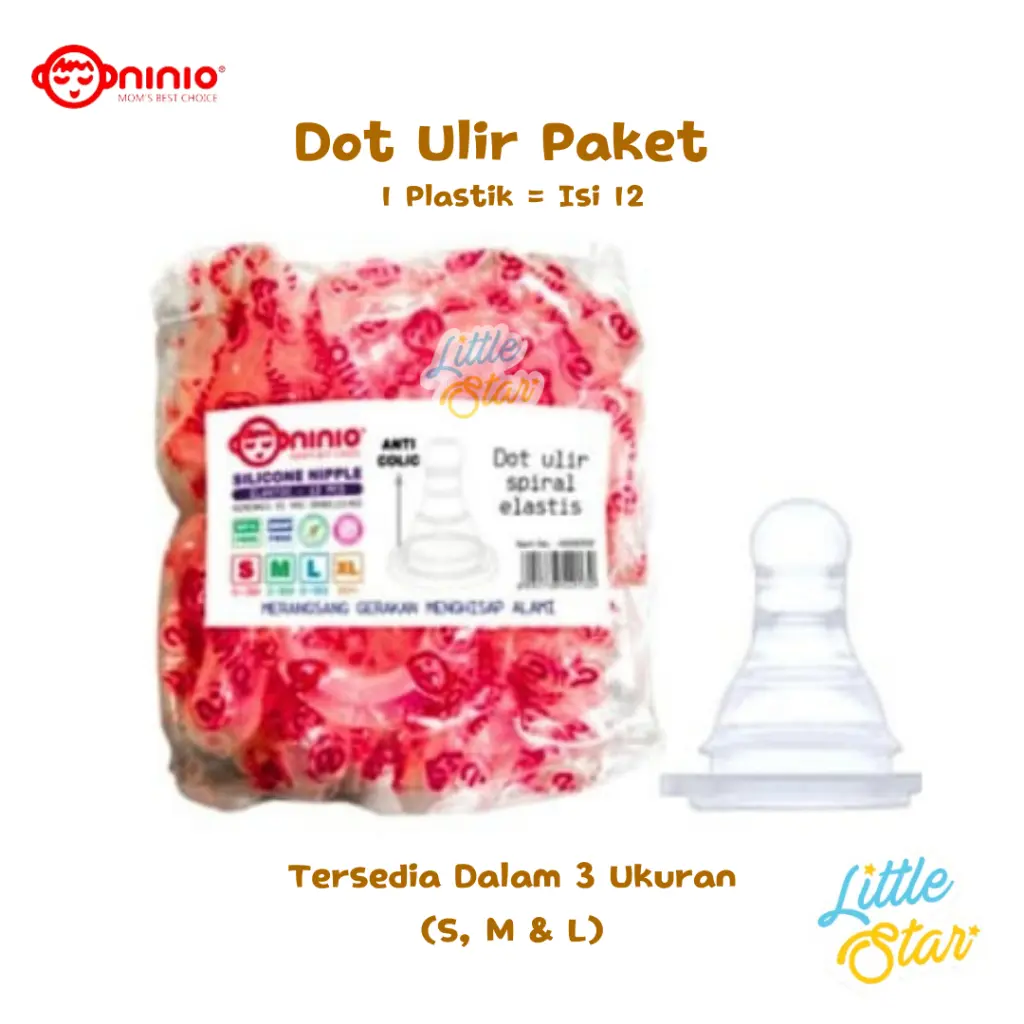 Ninio Dot Bayi Ulir Peristaltic Spiral Silicone Paket Baby Nipple Karet Slim Neck isi 12 BPA Free