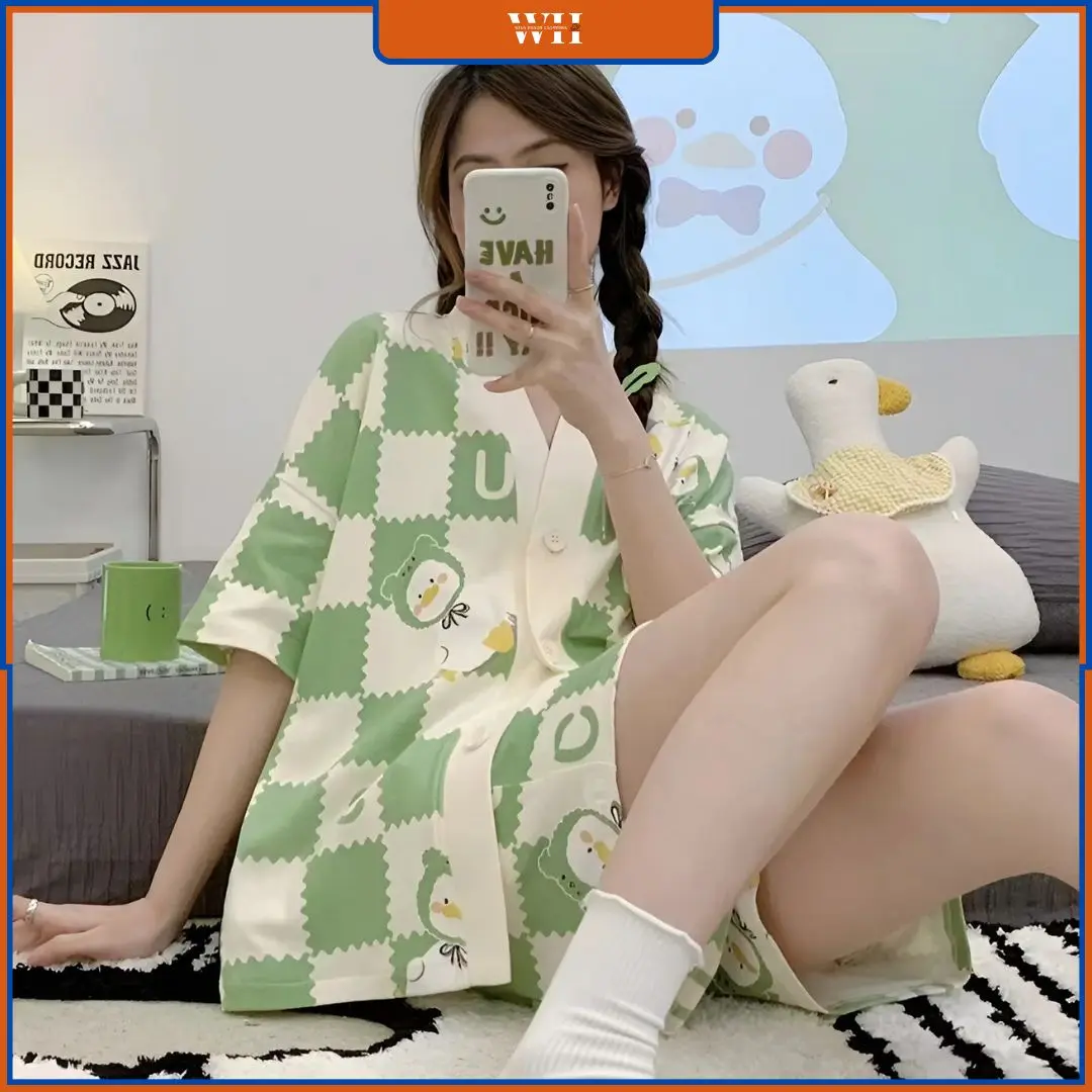 Bộ Đồ Ngủ Nữ Mùa Hè Ngọt Ngào Dễ Thương Học Sinh Cardigan, Quần Áo Ở Nhà Trẻ Trung