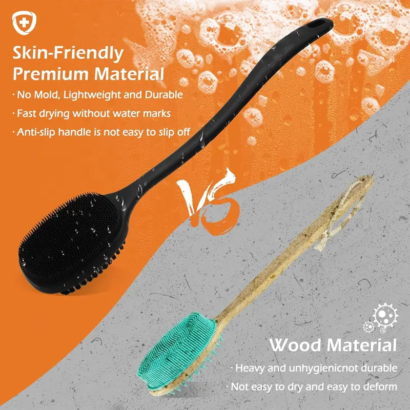 Silicone Double-sided Back Cleaning Brush, Long Handle Double-sided Body Scrubber for Shower Exfoliation & Massage, Everything Shower Products, Household Bathroom Supplies 4
