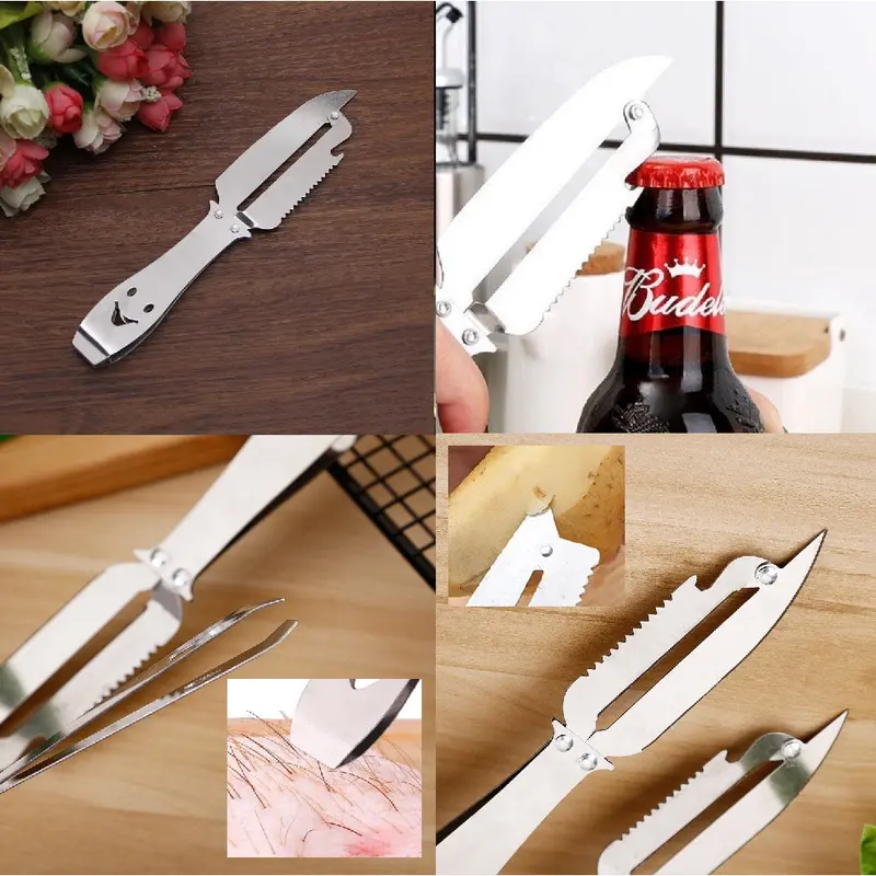 Dao nạo inox đa năng 4in1 - bào vỏ, lấy lõi sâu, khui nắp chai kiêm nhíp gấp 1