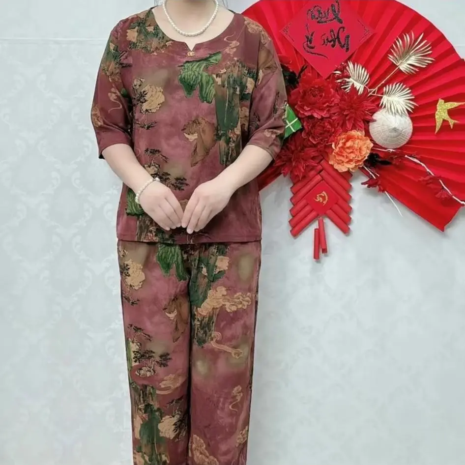bộ lụa mã H quần dài tay lỡ cho bà và cho mẹ chất mềm mịm mát