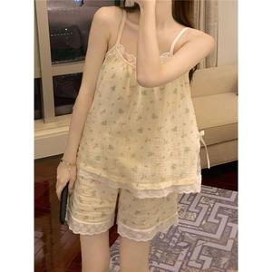 ชุดนอนลูกไม้สไตล์ตะวันตก, OOTD, สำหรับผู้หญิง, ชุดสองชิ้น, ชุดฤดูร้อน, สายสปาเก็ตตี้, แขนกุด, กางเกงขาสั้น, สามารถสวมใส่ได้นอกบ้าน, สไตล์ 2025, มาใหม่