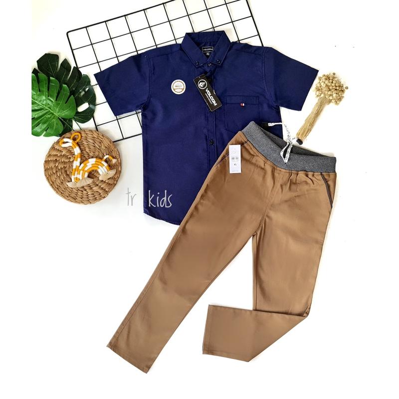 GRATIS ONGKIR/ COD Setelan Kemeja Polos Chinos Panjang Keren Produk Terbaru untuk Umur 2-12 Tahun 2