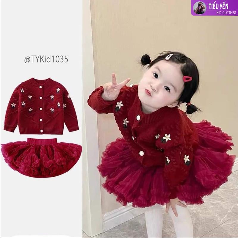   Tiểu Yến KID  S1035-Set len đỏ cao cấp bé gái mặc Noel - Tết áo khoác len và chân váy tutu đỏ 
