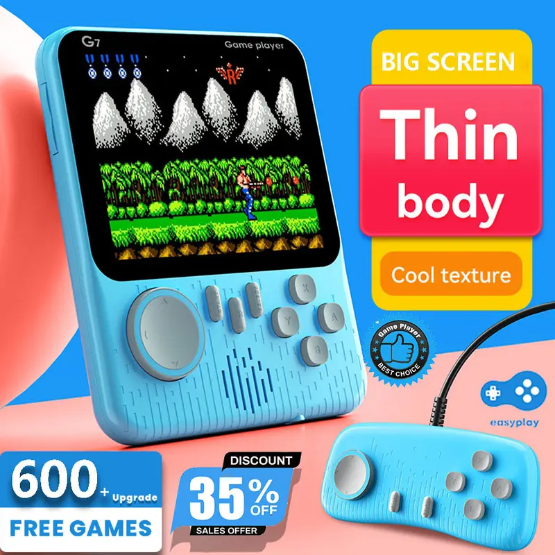 Game Boy Game Bot Gameboy Console Portable Game Player Built-in Clasic 600 Games Connect to TV or Gamepad  1 Player or 2 Player/ Gamepad 2 Pemain Dapat Stick G7 Hadiah Sempurna Terbaik/ Gameboy Retro Terbaik Dapat Stick Bisa Untuk 2 Orang [Easy Play] Blue 1