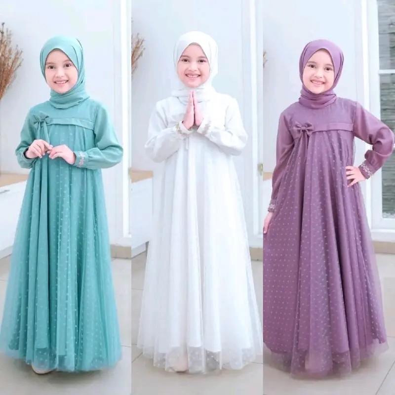 Misha dress kids usia 5-15 thn UK M, L, XL bahan shakila mix tille dot gamis terbaru / gamis anak perempuan / gamis lebaran / gamis Renda baju  lebaran 0