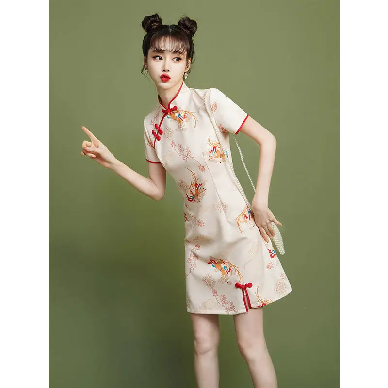 Váy Phong Cách Trung Quốc Cho Bé Gái Trẻ, Cổ Thấp, Sườn Xám Cải Tiến Dress Women Khuy