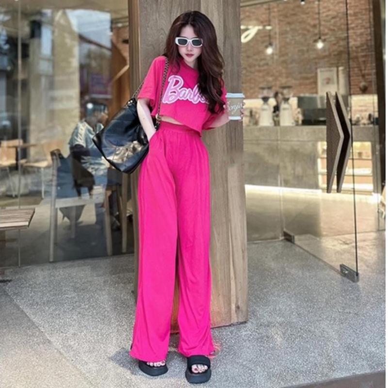 Set bộ áo phông croptop in chữ kết hợp quần xuông hach dáng dễ thương  Set bộ nữa cotton Thun Women Kem 