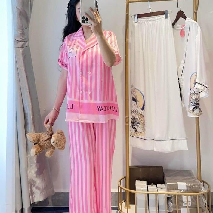 Bộ ngủ pijama mặc nhà cho nữ sọc hồng 6 nút có túi lụa xước 5