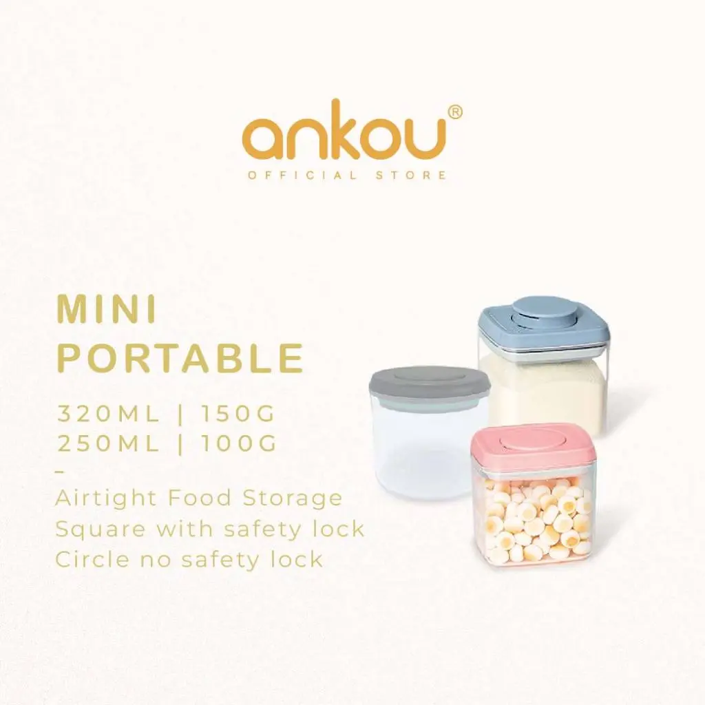 Ankou airtight milk powder storage/baby snacks container-Mini Portable (square 320ml with safety lock, circle 250ml) milkpowder container